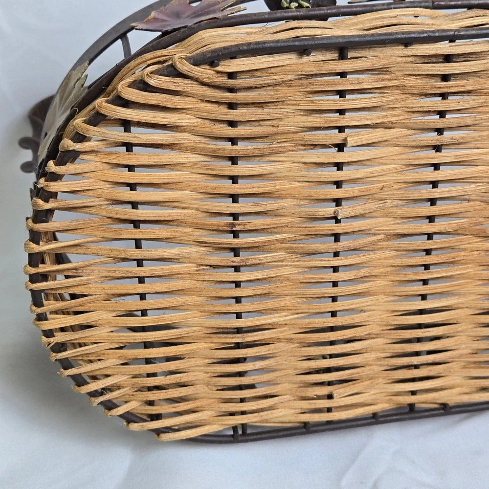 Decorative Basket Woven Wicker Base Metal Rim With Fall Autumn Leaves Acorns 11